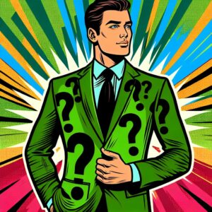 Ein Mann im pop-Art-Stil, in einem grünen Anzug mit schwarzen Fragezeichen nur auf dem Anzug, mit ei (1)